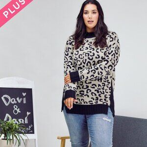 DAVI & DANI Plus Size Leopard Print Sweater | Black & Beige Knit Pullover